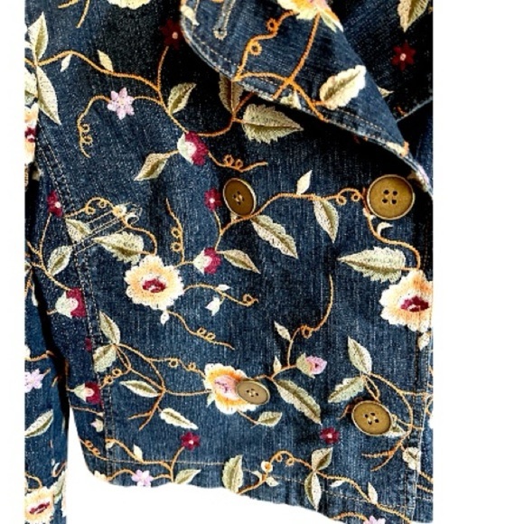 Doncaster Dark Denim Floral Embroidered Jean Jacket Cropped Boho Peacoat Size 10 - Picture 5 of 12